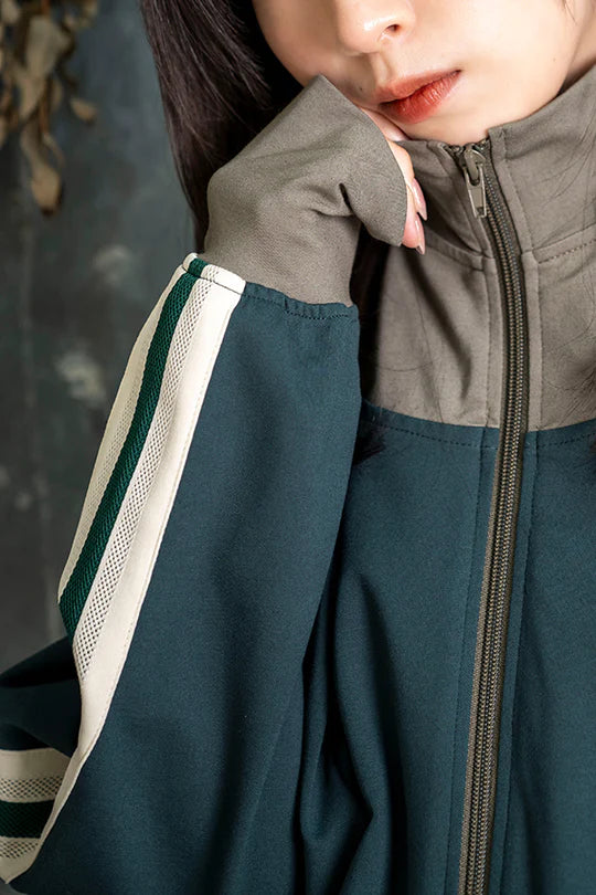 Nora Lily Special Line Jersey Big Track Tops【2】-Dark GREEN x Dark GRAY-